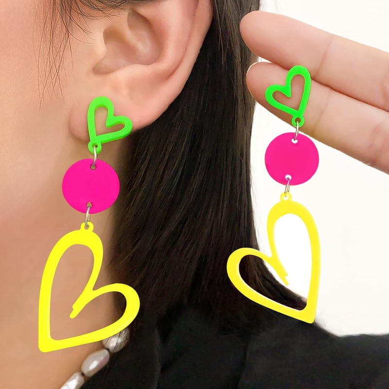 HOLYRY Neon Heart Earrings for Women Acrylic Neon Earrings 80s 90s Outfit for Women Glow Party Accessories Gifts Hot Pink Orange Green Yellow - Image 2